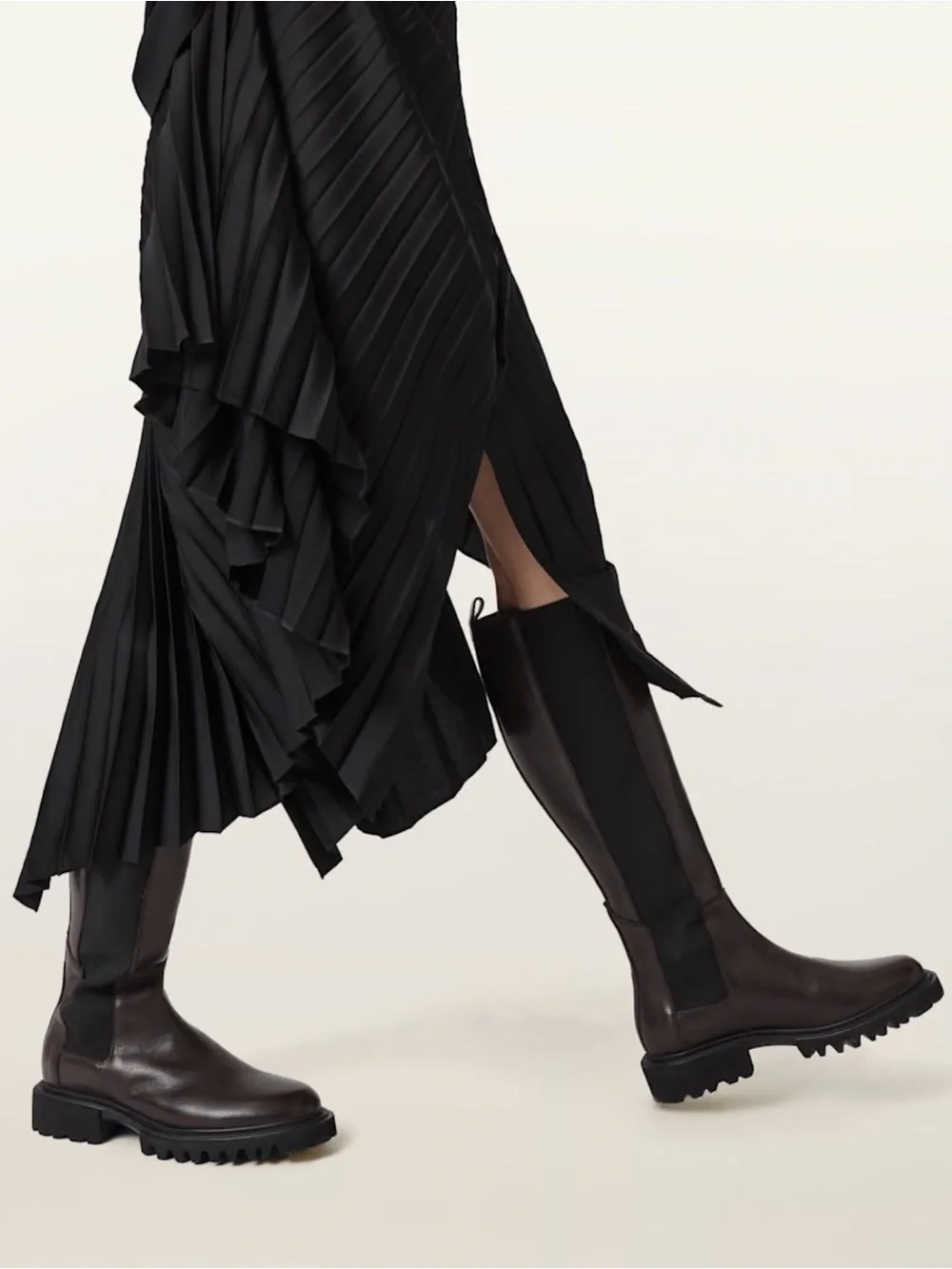 Never Worn AllSaints Brown Leather Knee Boots with Black Elastic Panel